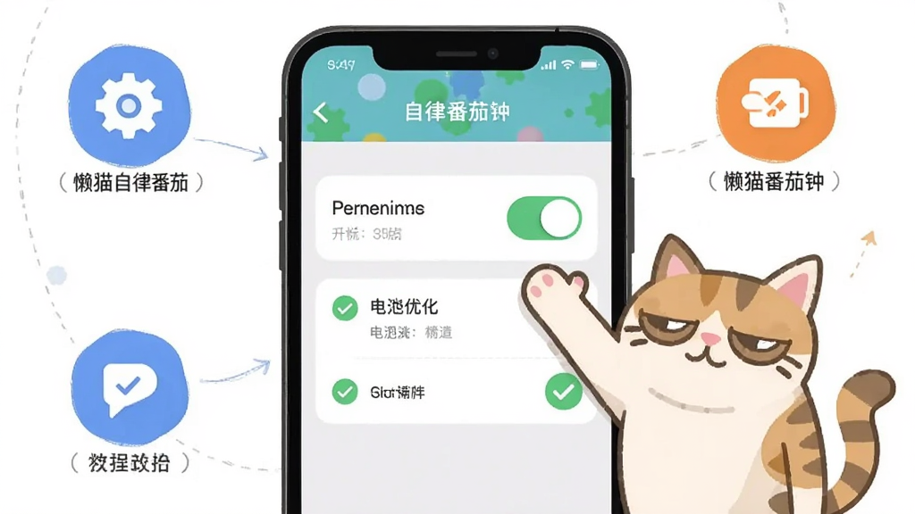 懒猫自律番茄钟使用教程示意图,画面展示一部智能手机屏幕中呈现应用设置界面,旁边有一只卡通懒猫用手指向权限开关和电池优化选项,布局为手机居中放大展示周围环绕操作步骤图标,风格为扁平化教学插画,细节包括齿轮图标和勾选标记,画质清晰干净无多余元素