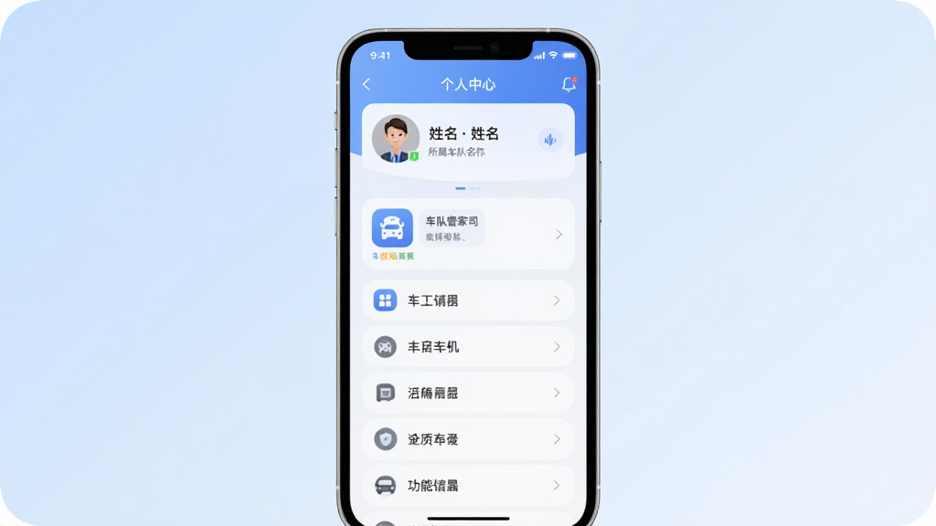 画面主体为手机界面中的个人中心页面,包含头像、姓名、所属车队名称、功能菜单列表,布局上手机正面展示居中,背景为浅蓝色柔和渐变,排版整齐,风格为清爽移动端UI风,细节包括菜单图标和圆角卡片,画面中可出现