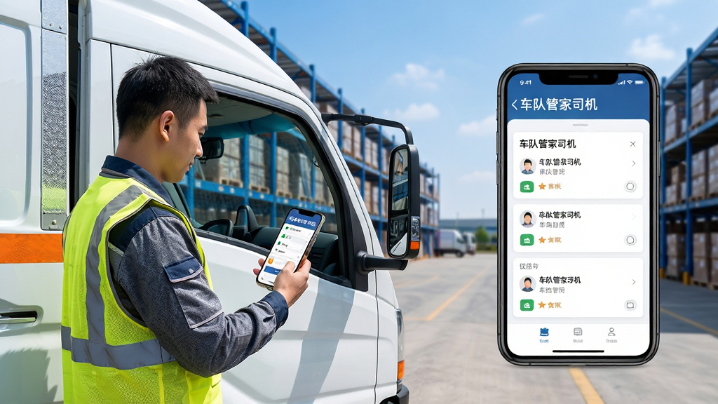 画面主体为一辆停在物流园区内的轻型货车,司机站在车旁手持手机查看任务列表,背景为整齐的仓库货架与蓝天,布局上人物位于画面左侧三分之一处,右侧留出空间展示手机屏幕上的任务卡片界面,排版采用横向构图,风格为写实商业摄影风,细节包括货车车身上的反光条、司机工作服上的反光背心纹理、手机屏幕中