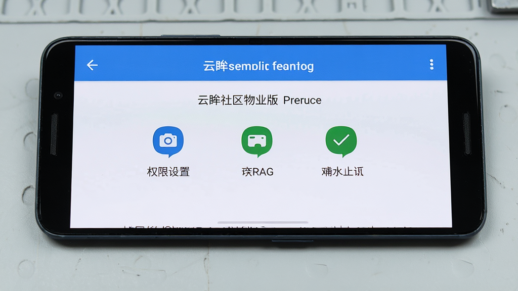 画面为一部安卓手机屏幕特写,屏幕中显示云眸社区物业版的权限设置引导页,旁边有相机、存储、通知三个权限图标以打勾状态呈现,背景为浅灰色工作台面,布局居中对称,风格简洁教程风,细节清晰展示图标与文字,画质高清,干净无多余元素