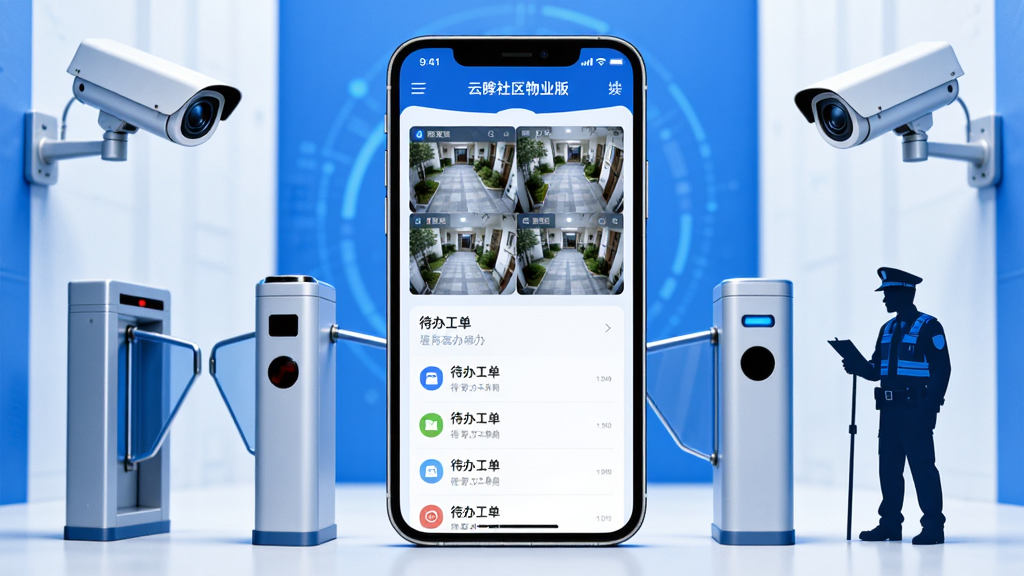 画面中央放置一部智能手机,手机屏幕上显示云眸社区物业版的社区管理仪表盘界面,包含监控画面缩略图与待办工单列表,手机周围环绕小区门禁闸机、监控摄像头、巡检人员剪影等元素,整体采用蓝白科技风格,布局左中右对称,排版清晰,细节精致,画质高清,干净无多余元素