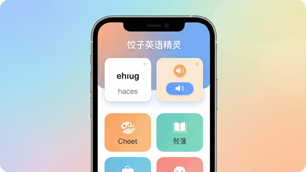 主体为一部智能手机居中显示,屏幕中呈现英语学习应用界面,包含单词卡片与发音按钮图标,布局为上下分层结构,上方为应用标题区域下方为功能模块网格,排版整齐清晰,风格为现代扁平化插画风,细节包括柔和渐变色背景、圆角卡片、简洁图标,画质高清干净无多余元素,画面中文字为“饺子英语精灵”