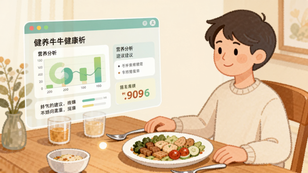 画面描绘一位用户坐在餐桌前,桌上摆放着搭配均衡的餐食,旁边悬浮着一块半透明界面面板,面板上显示轻牛健康的营养分析图表与建议文字,整体采用温暖明亮的插画风格,色调柔和,细节丰富,画质清晰,构图以人物与界面为主体,背景简洁不抢眼