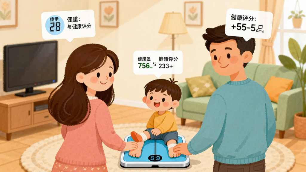插画展示一家三口站在智能体脂秤旁,每个人头顶上方悬浮着各自的数据小卡片,卡片上显示体重与健康评分,背景为温馨的家居客厅环境,风格亲切柔和,色彩明亮,细节清晰,画质细腻,构图均衡,画面干净无杂乱装饰