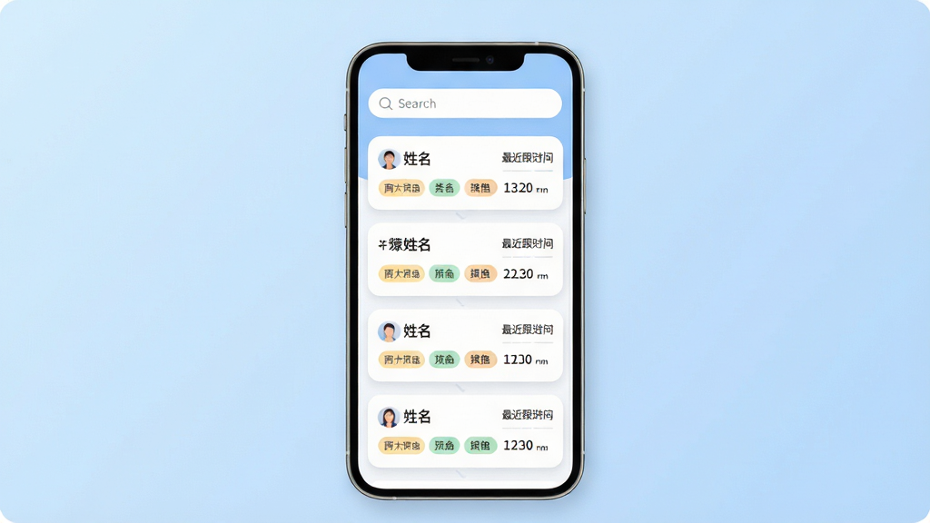 一幅客户管理界面示意图,画面主体为手机屏幕中的客户档案卡片列表,卡片上显示姓名、标签与最近跟进时间,背景为浅蓝渐变,布局为纵向卡片流,风格为简洁商务扁平风,细节包括圆角卡片、淡色分隔线与顶部搜索框,画质清晰干净,无多余元素