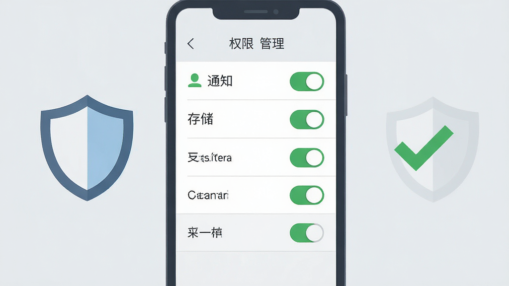 一幅手机权限设置示意图,画面主体为手机屏幕中的权限管理页面,包含通知、存储等开关选项,屏幕旁有盾牌图标与勾选标记,布局为手机居中、图标点缀两侧,风格为简洁扁平风,细节包括绿色开关按钮与浅灰背景,画质清晰干净,无多余元素