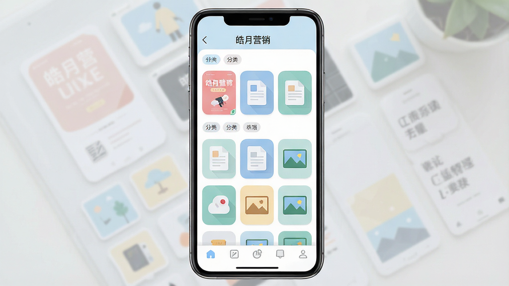 一幅营销素材库界面示意图,画面主体为手机屏幕中网格排列的素材缩略图,包含海报、文档与图片图标,屏幕上方有“皓月营销”标题栏,布局为网格状排列,风格为清新浅色扁平风,细节包括圆角缩略图、分类标签与底部导航栏,画质清晰干净,无多余元素