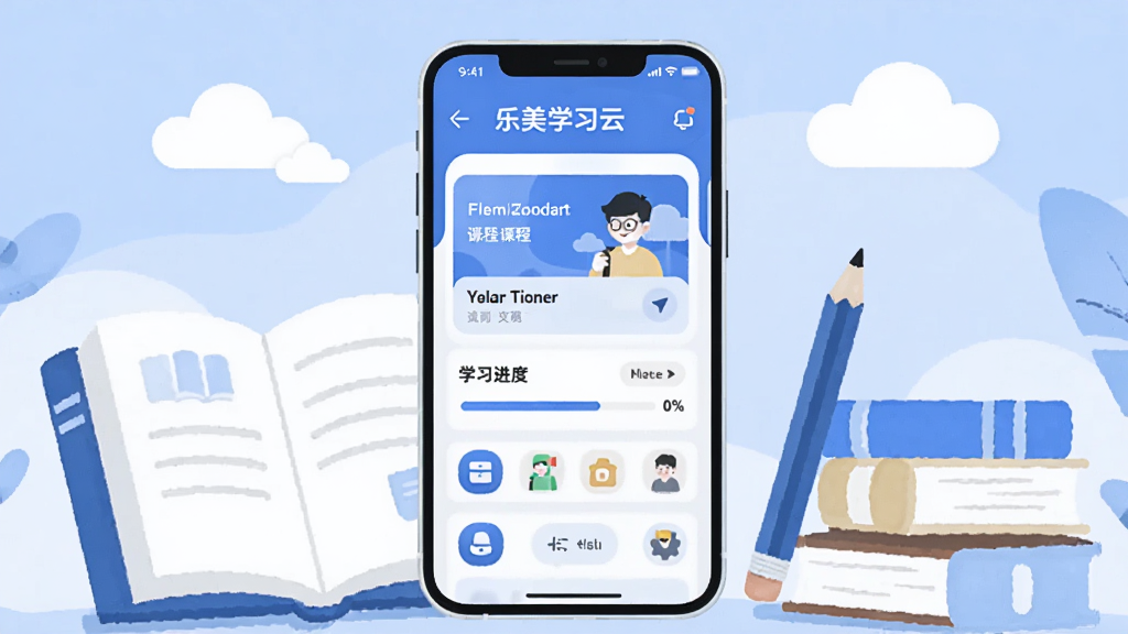 画面中央展示一部智能手机,手机屏幕上呈现乐美学习云软件的主界面,界面包含课程卡片、学习进度条与功能图标,手机周围环绕书本、铅笔、云朵等学习元素,整体采用扁平化插画风格,色调以蓝色和白色为主,布局简洁清晰,细节丰富,画质干净,无多余元素