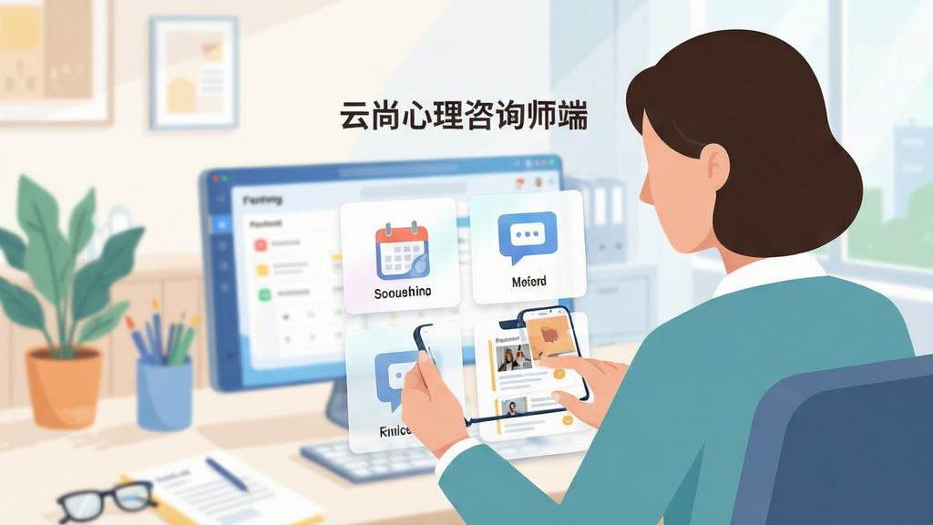 手机屏幕中央展示心理咨询师工作台界面,标题文字