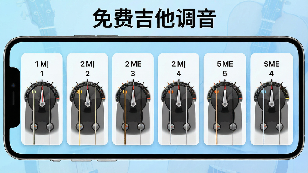 一张展示免费吉他调音六弦独立校准功能的图片,画面为手机界面平铺展示,六个并排的调音卡片分别标注一弦到六弦的编号与音名,每个卡片内有独立的指针刻度,背景为浅蓝色渐变,风格清爽有序,画质高清,画面中带有