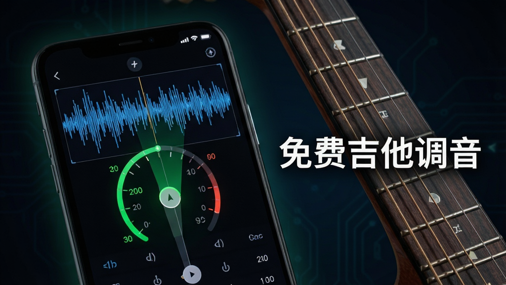 一张展示免费吉他调音软件高精度识别功能的图片,画面主体为手机屏幕特写,屏幕上显示着声波波形与调音指针重合的绿色状态,旁边放着一把吉他的琴颈部分,背景为深色渐变,突出屏幕发光效果,风格科技简洁,画质清晰,画面中带有