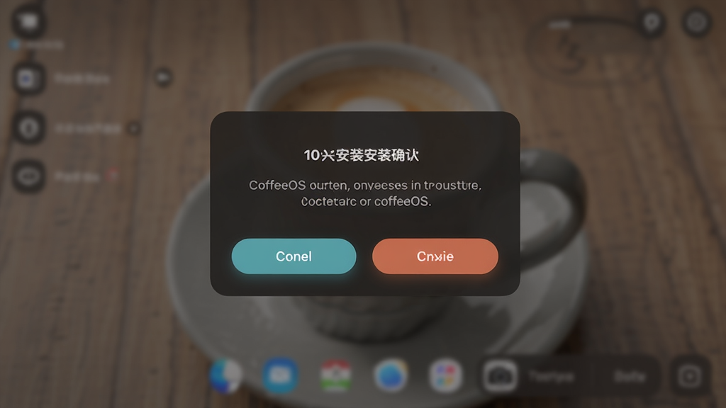 CoffeeOS 第三方应用安装界面概念图,主体为中控屏弹出安装确认对话框,布局为对话框居中、背景为半透明桌面模糊效果,排版简洁,风格为深色模式扁平 UI 设计,细节上突出确认与取消按钮的圆角与高亮状态,画质清晰,画面干净无多余元素