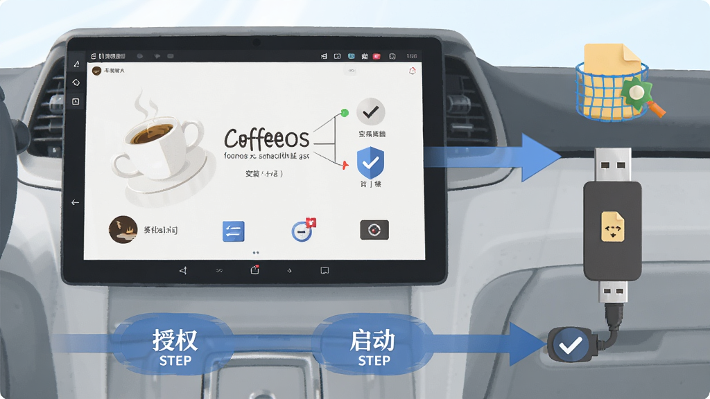 CoffeeOS 车机安装第三方应用操作流程示意图,主体为中控屏与 U 盘连接场景,布局为左侧屏幕、右侧 U 盘与文件图标,排版采用横向流程箭头串联,风格为简洁扁平插画,细节上标注安装、授权、启动三个步骤节点,画质清晰,画面干净无多余元素
