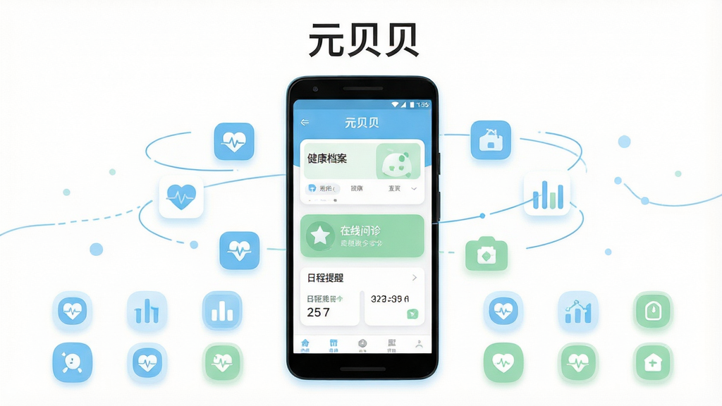 画面中央放置一部安卓手机,手机屏幕显示“元贝贝”应用主界面,界面包含健康档案卡片、在线问诊入口与日程提醒模块,手机四周环绕浅蓝色健康数据图标与简约线条装饰,整体采用上下分层布局,上方留白放置应用名称“元贝贝”,下方为功能图标阵列,风格清新扁平化,配色以浅蓝、白、浅绿为主,细节处加入圆角卡片与柔和阴影,画质清晰,画面干净,无多余元素
