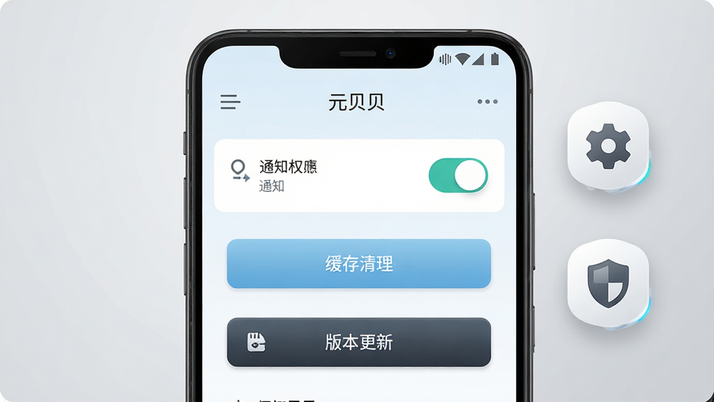一部安卓手机屏幕显示“元贝贝”设置页面,页面中包含通知权限开关、缓存清理按钮与版本更新入口,手机右侧悬浮一个齿轮图标与盾牌图标,背景为浅灰渐变,整体采用居中构图,风格简洁科技感,配色以白、浅蓝、深灰为主,细节处突出开关状态与按钮质感,画质清晰,画面干净,无多余元素