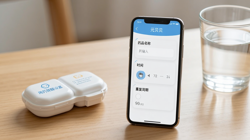 画面为一部手机置于木质桌面,屏幕显示“元贝贝”用药提醒设置页面,页面中包含药品名称输入框、时间选择器与重复周期选项,手机旁摆放一只白色药盒与一杯清水,背景虚化,整体构图居中偏右,风格写实生活化,配色以暖白、浅木色、淡蓝为主,细节处突出屏幕内容与药盒质感,画质清晰,画面干净,无多余元素