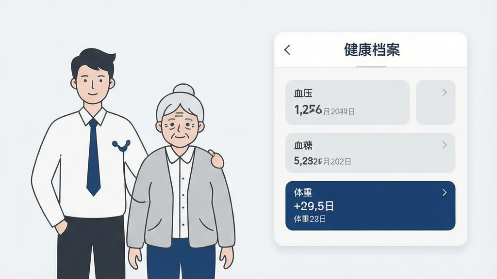 一张横向展开的浅色背景信息图,左侧为一位成年人与一位老人并排站立的简约插画,右侧为“元贝贝”健康档案界面截图样式,界面中排列血压、血糖、体重三张数据卡片,卡片上标注数值与日期,整体布局为左图右表,风格清爽商务,配色以白、浅灰、深蓝为主,细节处加入细线分隔与圆角边框,画质清晰,画面干净,无多余元素