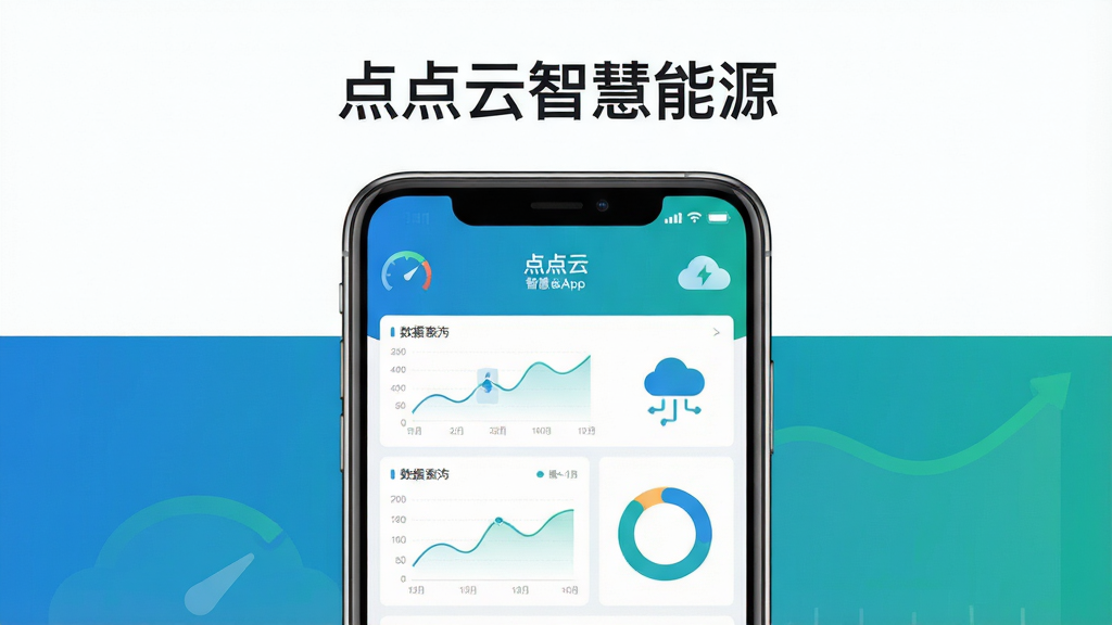 主体为一部智能手机居中放置,屏幕内展示点点云智慧能源App的能源数据看板界面,包含折线图与环形图;布局采用上下分层,上方为软件名称“点点云智慧能源”文字标识,下方为手机与数据面板组合;排版简洁居中,留白充足;风格为现代科技感扁平化设计,蓝绿色调为主;细节包含仪表盘图标、云朵符号、数据曲线等元素;画质清晰干净,无多余元素,适合下载站展示用图
