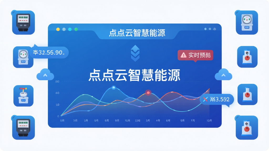 主体为一块悬浮的虚拟数据大屏,屏幕中央显示“点点云智慧能源”字样与多条能耗曲线;布局为屏幕居中、四周环绕电表水表气表小图标;排版对称规整;风格为科技蓝渐变扁平风;细节包含实时数值气泡、预警红色标记、云同步箭头;画质高清干净,无多余装饰元素