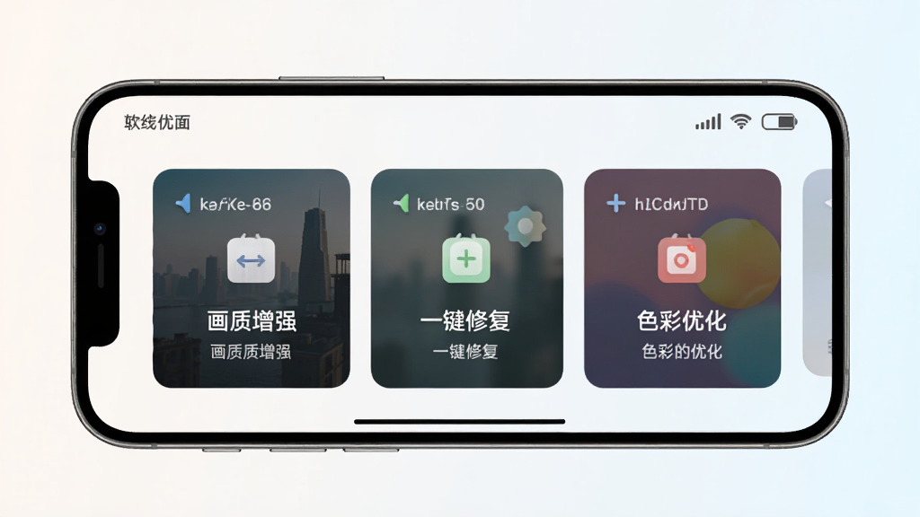 画质增强大师软件主界面展示,手机屏幕居中放置,界面包含画质增强、一键修复、色彩优化三个功能卡片,背景为浅色渐变,风格简洁清爽,细节清晰,画质干净无多余元素