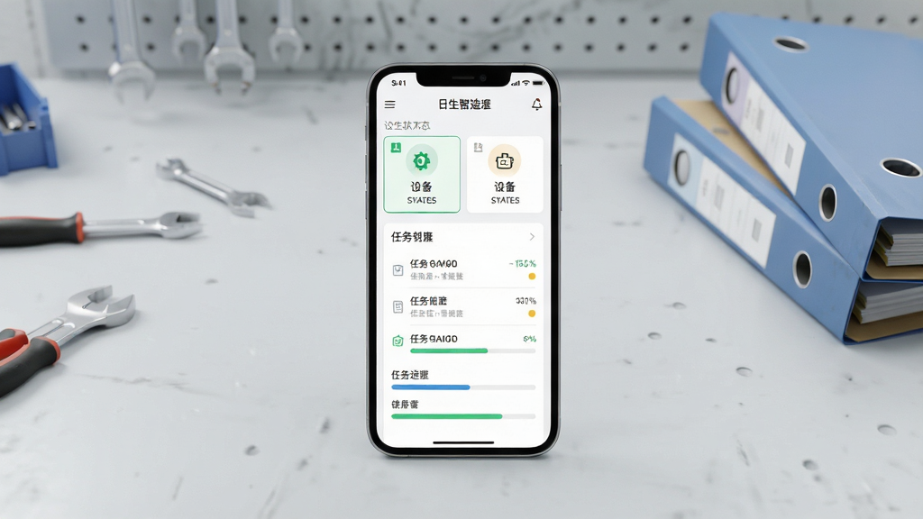一张展示日生智造手机应用主界面的场景图,画面中央是竖屏手机屏幕,屏幕上显示简洁的智能制造管理面板,包含设备状态卡片、任务列表和进度条,背景为浅色工业风工作台,旁边放置小型工具和文件夹,整体布局居中对称,风格为清爽写实的产品展示风,细节上突出界面图标和文字清晰可辨,画质干净,无多余元素