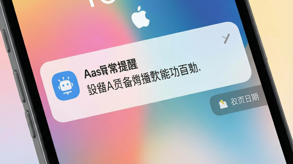 一张表现日生智造消息提醒功能的画面,主体为手机锁屏界面弹出通知卡片,卡片上显示设备异常提醒文字,背景为柔和渐变色,布局上通知卡片位于屏幕中上部,风格为扁平化移动端界面展示风,细节上突出通知图标和文字层级,画质干净清晰,无多余元素