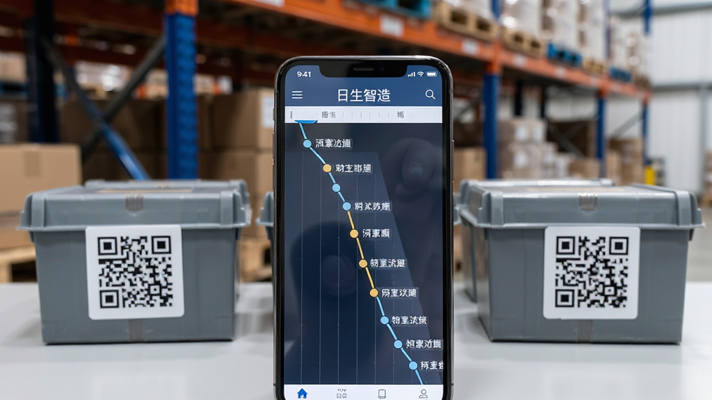 一张体现日生智造物料追踪功能的场景图,画面中手机屏幕显示物料流转时间轴,旁边放置几个贴有二维码标签的小型物料盒,背景为整洁的仓储货架局部,布局上手机位于前景中央,物料盒在后方虚化排列,风格为工业写实摄影风,细节上突出时间轴节点和二维码标签,画质清晰干净,无多余元素