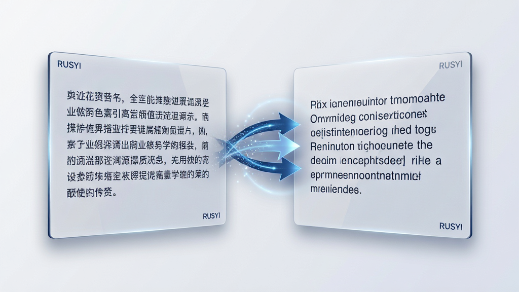 画面主体为两块并排悬浮的半透明翻译面板,左侧面板显示中文段落,右侧面板显示对应的英文译文,两面板之间以流动的光线箭头连接;布局为左右对称居中构图,背景为浅色渐变;排版简洁有序,文字块对齐工整;风格为简约商务科技风,配色以深蓝与浅灰为主;细节包括面板角落标注