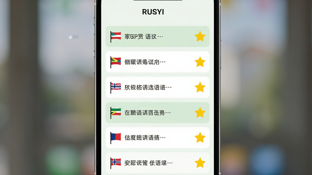 画面主体是一个手机屏幕界面,屏幕内呈现收藏列表样式,多条短语卡片纵向排列,每张卡片左侧有小旗帜图标代表语种,右侧有星标收藏符号;布局为手机居中、背景虚化;排版为纵向列表式,卡片间距均匀;风格为清新浅色扁平设计,配色以白色与浅绿为主;细节包括界面顶部显示