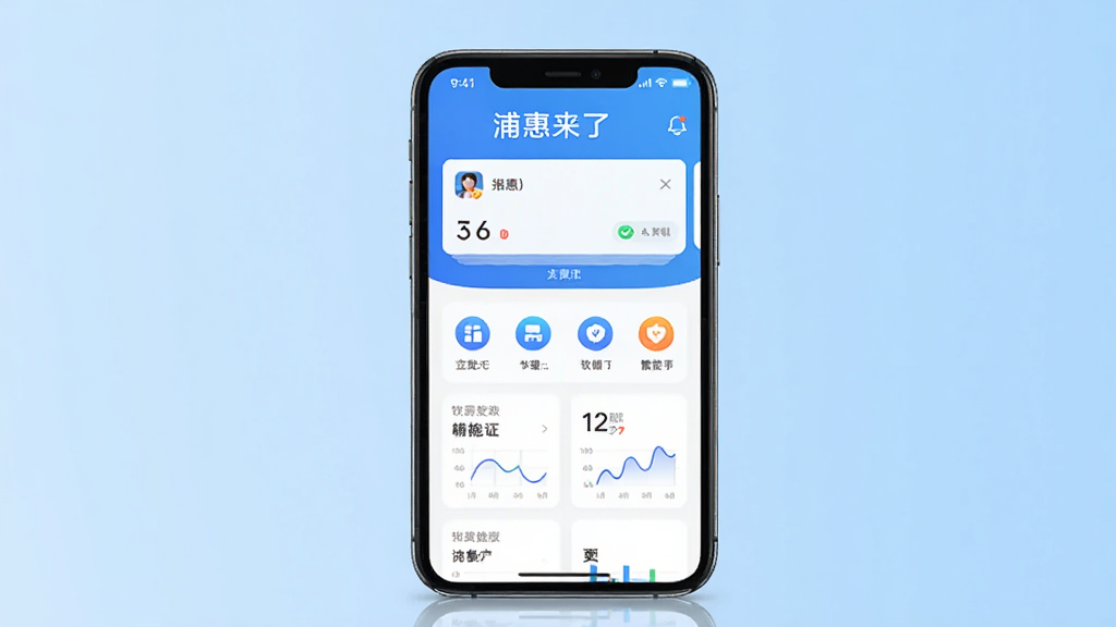 主体为一部智能手机,屏幕中显示浦惠来了应用主界面,布局为手机居中摆放,背景为简洁的浅蓝色渐变,排版突出应用图标与界面元素,风格为现代科技商务风,细节包括界面上的账户卡片、功能图标与数据图表,画质清晰干净,无多余元素