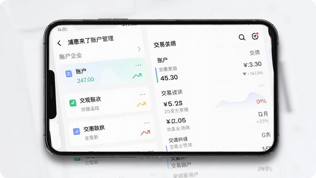 主体为手机屏幕展示浦惠来了账户管理界面,布局为左侧账户列表右侧交易明细,排版清晰有序,风格为简约商务风,细节包括账户卡片、收支箭头与数据条,画质干净无多余元素