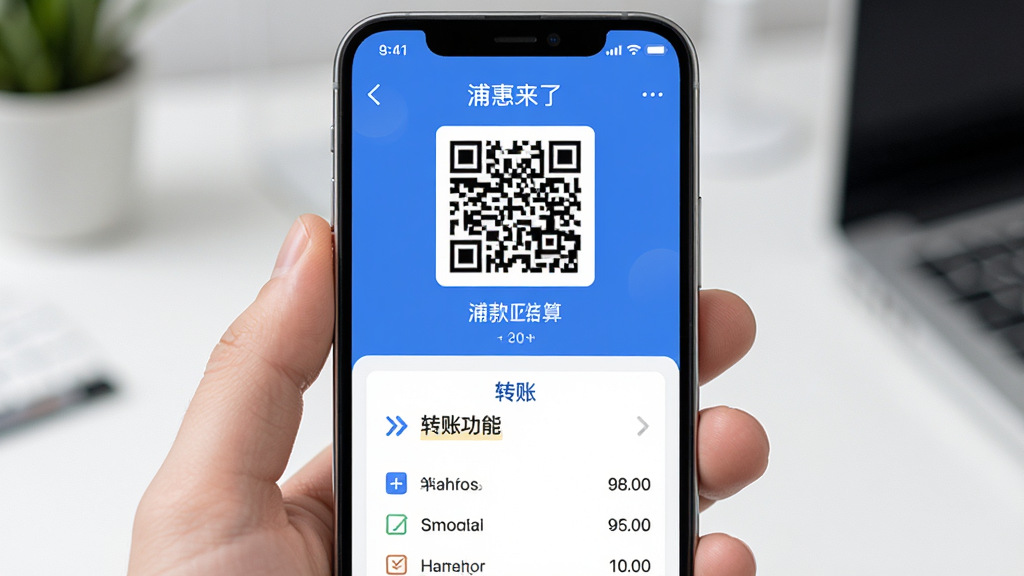 主体为手机屏幕展示浦惠来了支付结算界面,布局为上方收款码下方转账功能区,排版简洁直观,风格为清爽商务风,细节包括二维码图案、转账箭头与账单列表,画质清晰干净,无多余元素