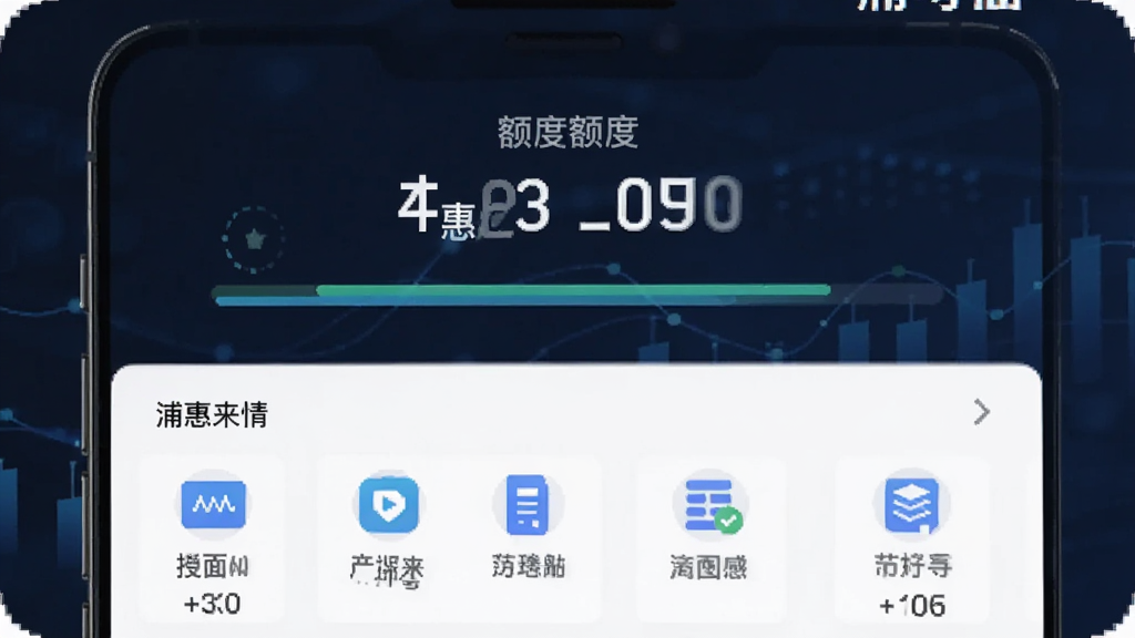 主体为手机界面展示浦惠来了融资申请页面,布局为上方额度展示下方产品列表,排版层次分明,风格为金融科技风,细节包括额度数字、进度条与产品图标,画质清晰干净,无多余元素