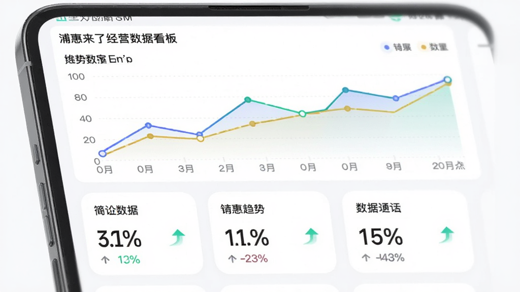 主体为手机界面展示浦惠来了经营数据看板,布局为上方折线图下方数据卡片,排版规整,风格为数据可视化商务风,细节包括彩色图表、百分比数字与趋势箭头,画质清晰干净,无多余元素