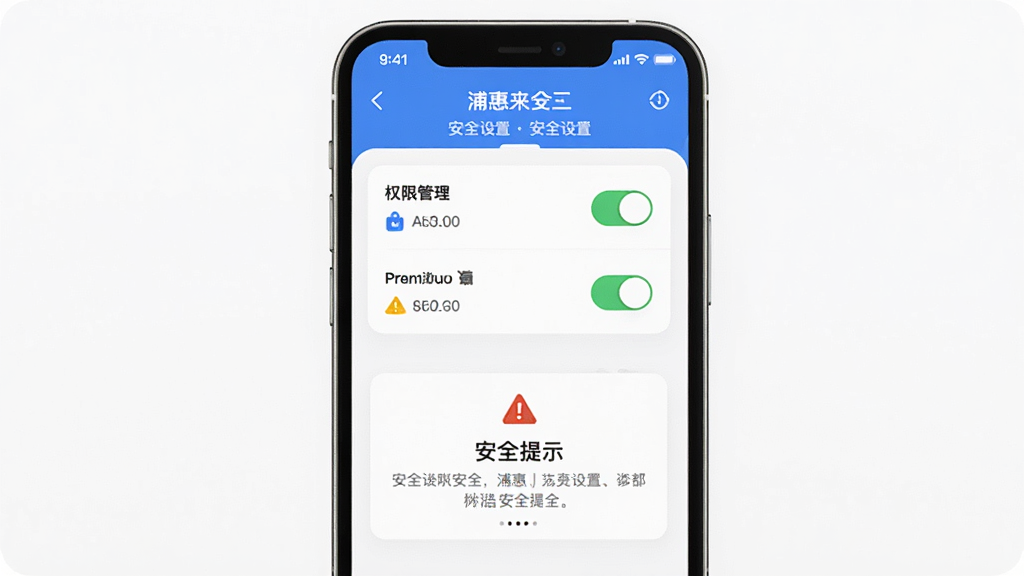 主体为手机屏幕展示浦惠来了安全设置页面,布局为居中权限管理列表与安全提示卡片,排版清晰,风格为安全指引风,细节包括权限开关图标、警告标识与文字说明框,画质干净无多余元素