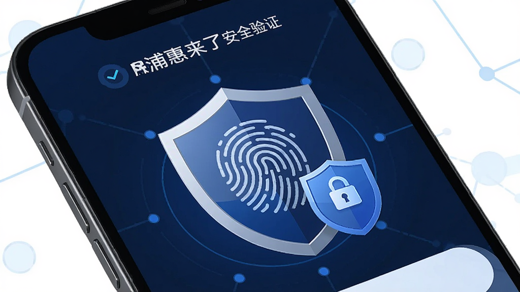 主体为手机屏幕展示浦惠来了安全验证界面,布局为居中指纹识别图标与安全盾牌,排版对称稳重,风格为安全科技风,细节包括盾牌图案、指纹纹理与加密锁图标,画质清晰干净,无多余元素