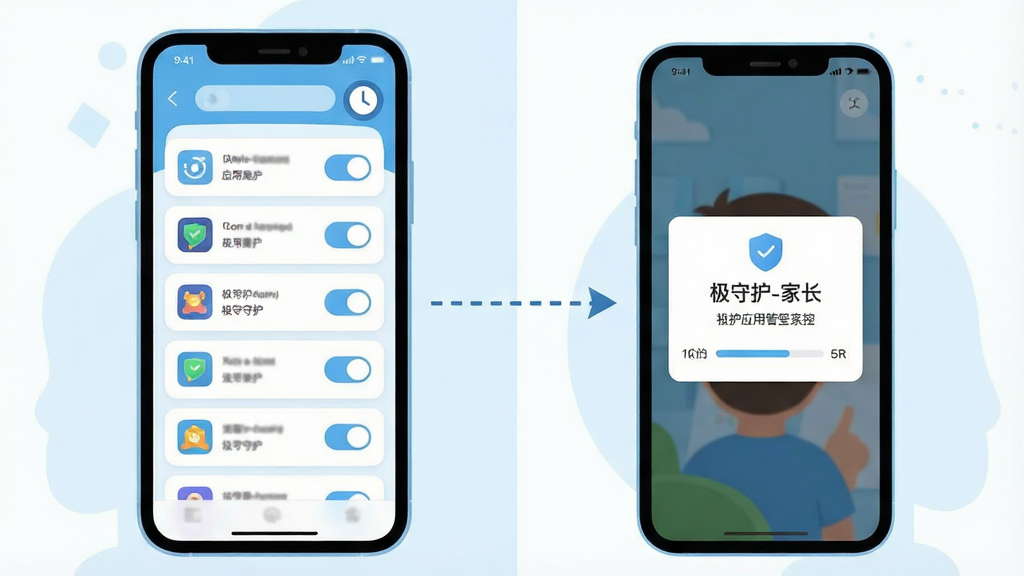 一幅表现远程应用管控功能的示意图,画面主体为一部家长手机与一部孩子手机并排展示,中间用虚线箭头连接,家长手机屏幕上有应用列表与时钟图标,孩子手机屏幕上显示
