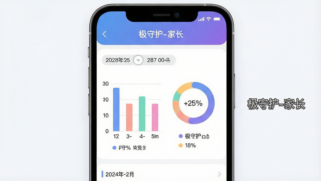 一张手机使用时长统计报告界面示意图,画面中央为一部手机屏幕,屏幕内展示柱状图与环形占比图,图表旁标注