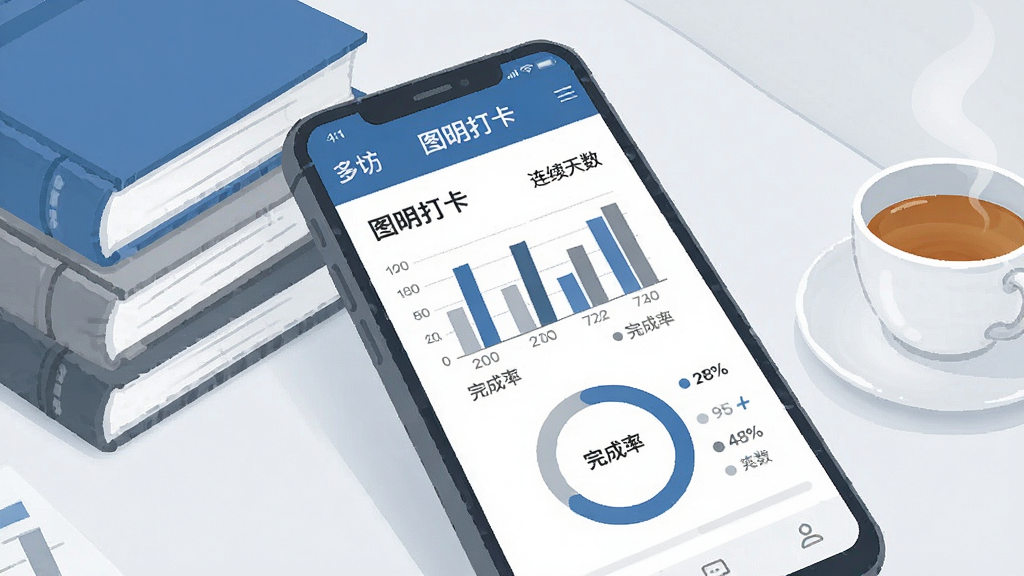 一张展示「图明打卡」数据统计页面的插画,手机屏幕上呈现柱状图与环形进度图,图表旁标注完成率与连续天数,画面配有几本叠放的书和一杯茶,风格简约商务,色调以蓝灰与白色为主,布局清晰,画质干净,无多余元素