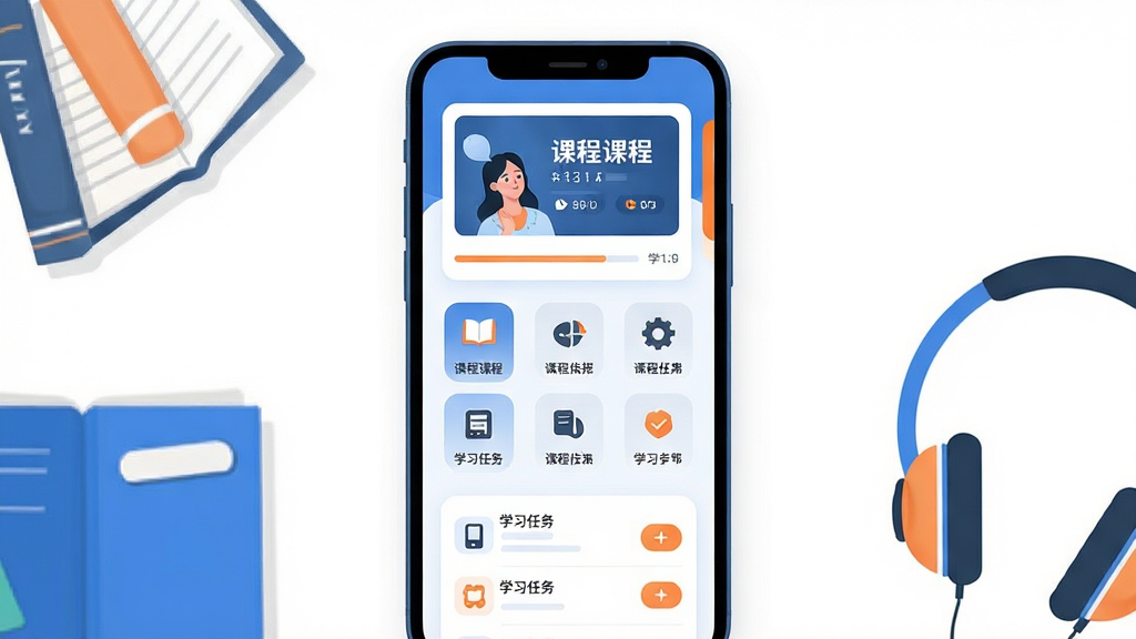 画面主体为一部竖屏智能手机,屏幕中显示在线学习应用界面,顶部有课程封面卡片与学习进度条,中部排列课程分类图标,底部为学习任务列表;布局采用居中对称构图,手机两侧点缀书本与耳机元素;排版干净利落,信息层级分明;风格为现代扁平化插画,色调以蓝白为主辅以少量橙色点缀;细节包含细边框卡片、圆角按钮与简洁图标;画质清晰锐利,背景纯净无多余装饰,整体干净整洁