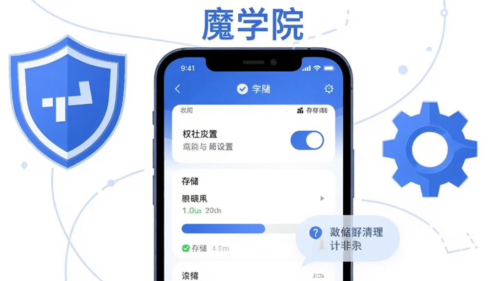 画面主体为手机屏幕展示应用权限设置与存储清理界面,屏幕旁放置盾牌图标与齿轮图标,屏幕上方悬浮“魔学院”文字;布局为手机居中、图标环绕;排版简洁清晰;风格为扁平化科技插画,蓝白配色;细节包含权限开关、存储条与提示气泡;画质清晰,背景纯净无多余元素