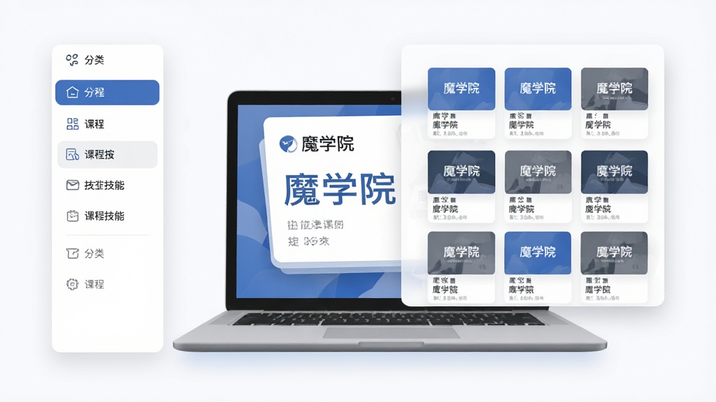 画面主体为一台打开的笔记本电脑与悬浮的课程卡片,卡片上标注“魔学院”字样,课程按岗位与技能分类排列;布局为左右分栏,左侧为分类导航,右侧为课程封面网格;排版整齐有序,留白充足;风格为简约商务插画,蓝灰配色;细节包含细线图标、圆角卡片与轻微投影;画质清晰,背景干净无杂乱元素