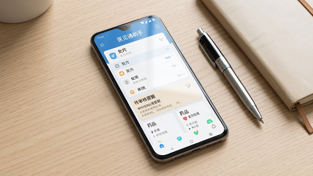 画面主体为一台竖屏安卓手机,屏幕上显示“医见通助手”应用主界面,界面包含处方列表、待审核提醒和药品信息卡片,手机放置在浅色木质桌面中央,旁边摆放一支笔和一本合上的笔记本;布局采用居中构图,手机略微倾斜展示屏幕内容;排版干净利落,信息层级分明;风格为现代简约的数码产品展示风;细节上屏幕反光自然、图标边缘锐利、桌面纹理细腻;画质高清、干净、无多余元素