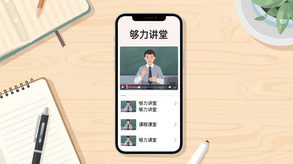画面中央是一台竖屏智能手机,手机屏幕上显示视频课程播放界面,顶部有“够力讲堂”字样,下方是讲师讲解视频画面与课程列表,手机周围散落几本笔记本和一支笔,浅色木质桌面,俯视构图,扁平插画风格,色调柔和干净,细节清晰,画质高清,背景简洁无多余元素