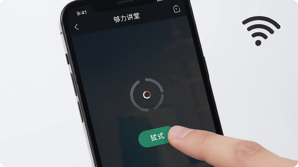 一部手机屏幕显示“够力讲堂”播放页面出现加载转圈的提示,旁边一只手正准备点击重试按钮,画面右上方有一个WiFi信号图标,浅灰色背景,写实风格,构图紧凑,细节清晰,画质高清,画面干净