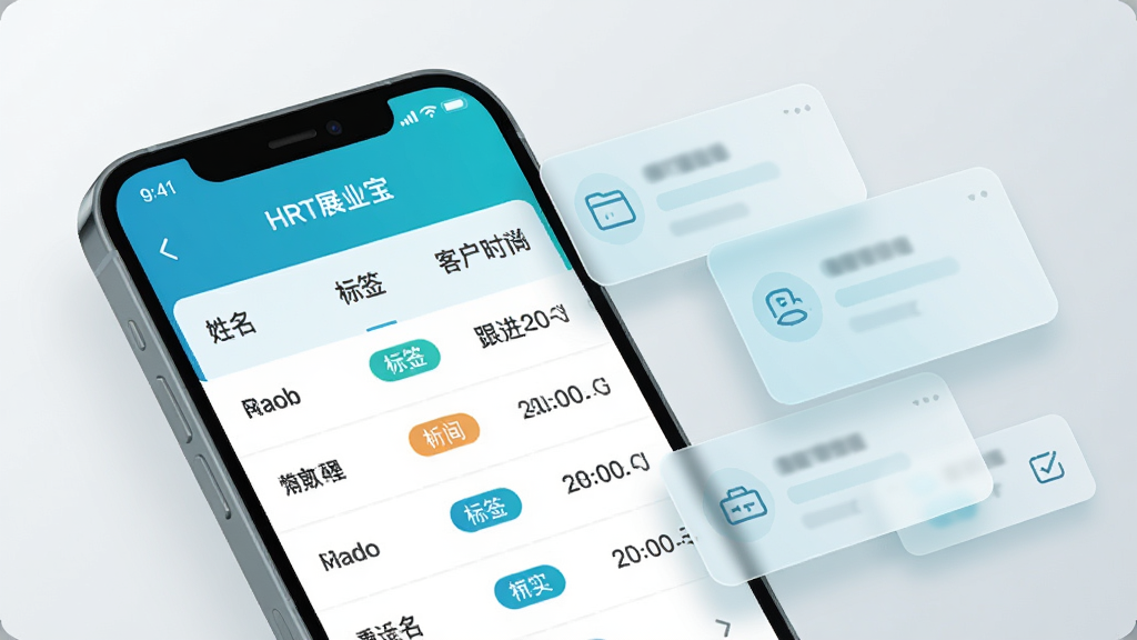 画面主体是一部手机屏幕特写,屏幕中显示“HRT展业宝”客户管理页面,列表项包含姓名、标签与跟进时间;手机斜置于浅灰渐变背景之上,右侧漂浮若干半透明信息卡片作为装饰;布局为左侧手机右侧卡片环绕;排版突出列表层级与标签色块;风格为清爽科技感插画,主色蓝青;细节包括卡片圆角、柔和投影与细线图标;画质干净清晰,无多余元素。
