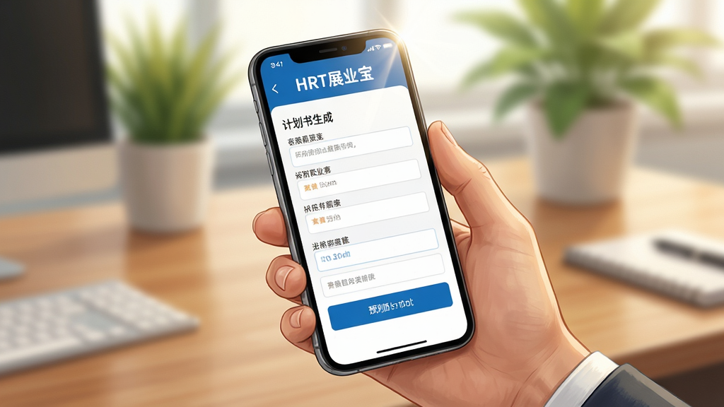 画面主体是一只手握持手机,屏幕显示“HRT展业宝”计划书生成界面,页面中有表单填写区与预览按钮;背景为虚化的办公桌面与绿植;布局采用手部与手机为视觉中心,背景做景深虚化;排版上表单分区明确,按钮醒目;风格为写实商务摄影感插画,色调温暖明亮;细节包括手指自然握姿、屏幕高光与桌面木纹;画质清晰干净,无多余元素。