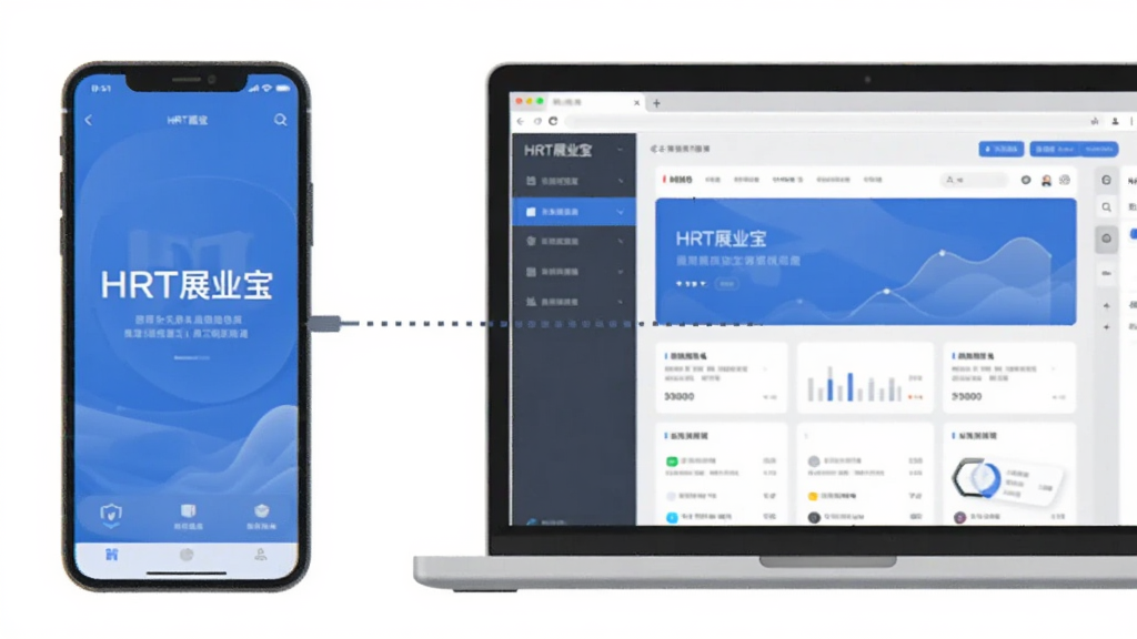 画面主体是一部手机与一台笔记本电脑并排摆放,手机屏幕显示“HRT展业宝”应用界面,电脑屏幕显示网页端数据页面;布局为左手机右电脑的对称构图,中间以细线连接示意同步;风格为简约商务插画,配色蓝灰为主;细节包括设备边框、屏幕内容分层与连接线虚线效果;画质清晰干净,无多余元素。