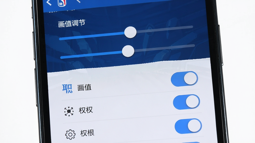 主体为一部手机屏幕显示美职篮巅峰对决游戏设置界面,布局为上下分层,上方为画质调节滑块,下方为权限开关列表,排版整齐清晰,风格为简洁科技风,细节包括设置图标、开关按钮、蓝白色调界面,画质高清,干净,无多余元素