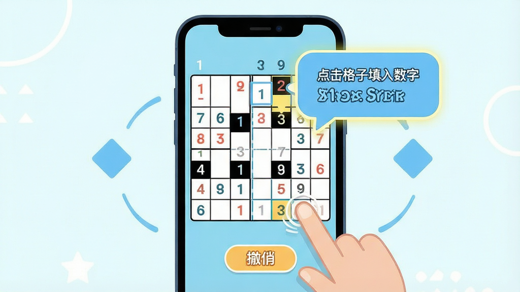 数独趣味闯关游戏新手引导界面,画面主体为手机屏幕特写,屏幕中显示数独棋盘与高亮的提示气泡,气泡内写着“点击格子填入数字”;布局为手机居中展示,周围有简洁的操作箭头指示;风格为扁平化教程插画风,配色清爽明快;细节包含手指点击屏幕的动作示意、候选数标记演示、撤销按钮高亮;画质高清、干净、无多余元素